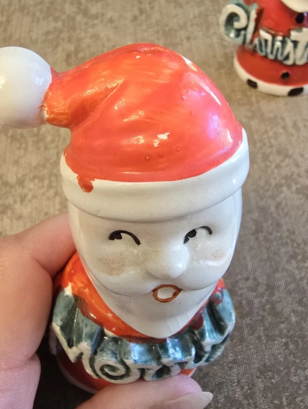 Vintage Santa Clause Ceramic Merry Christmas Salt Pepper Shakers Japan w/Plugs